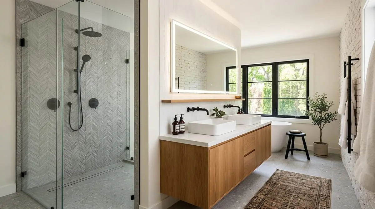 Luxurious remodeled bathroom with modern walk-in tile shower and double vanity