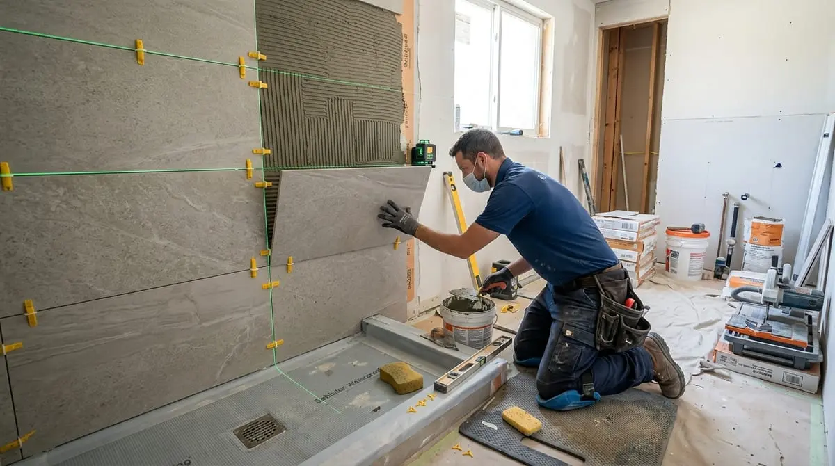 Contractor installing tile and shower plumbing during bathroom renovation