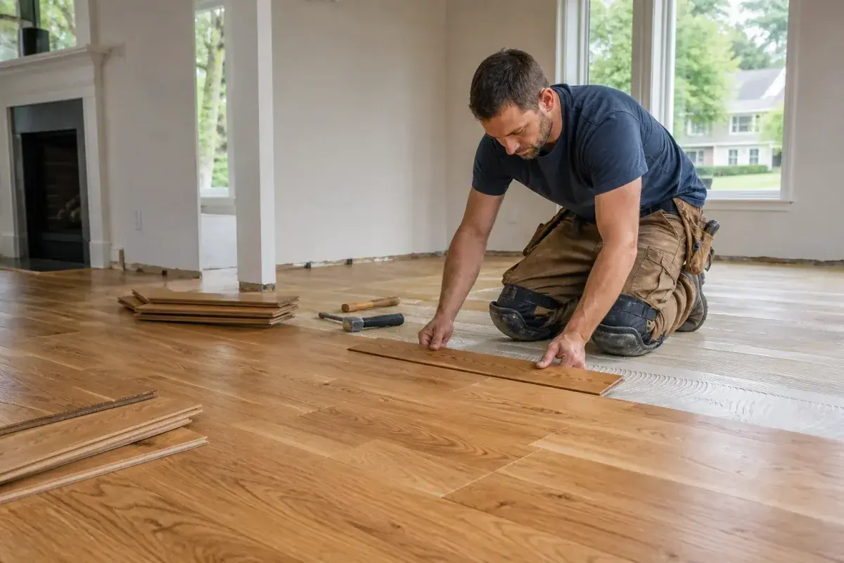 Professional installing natural oak hardwood flooring in a residential room