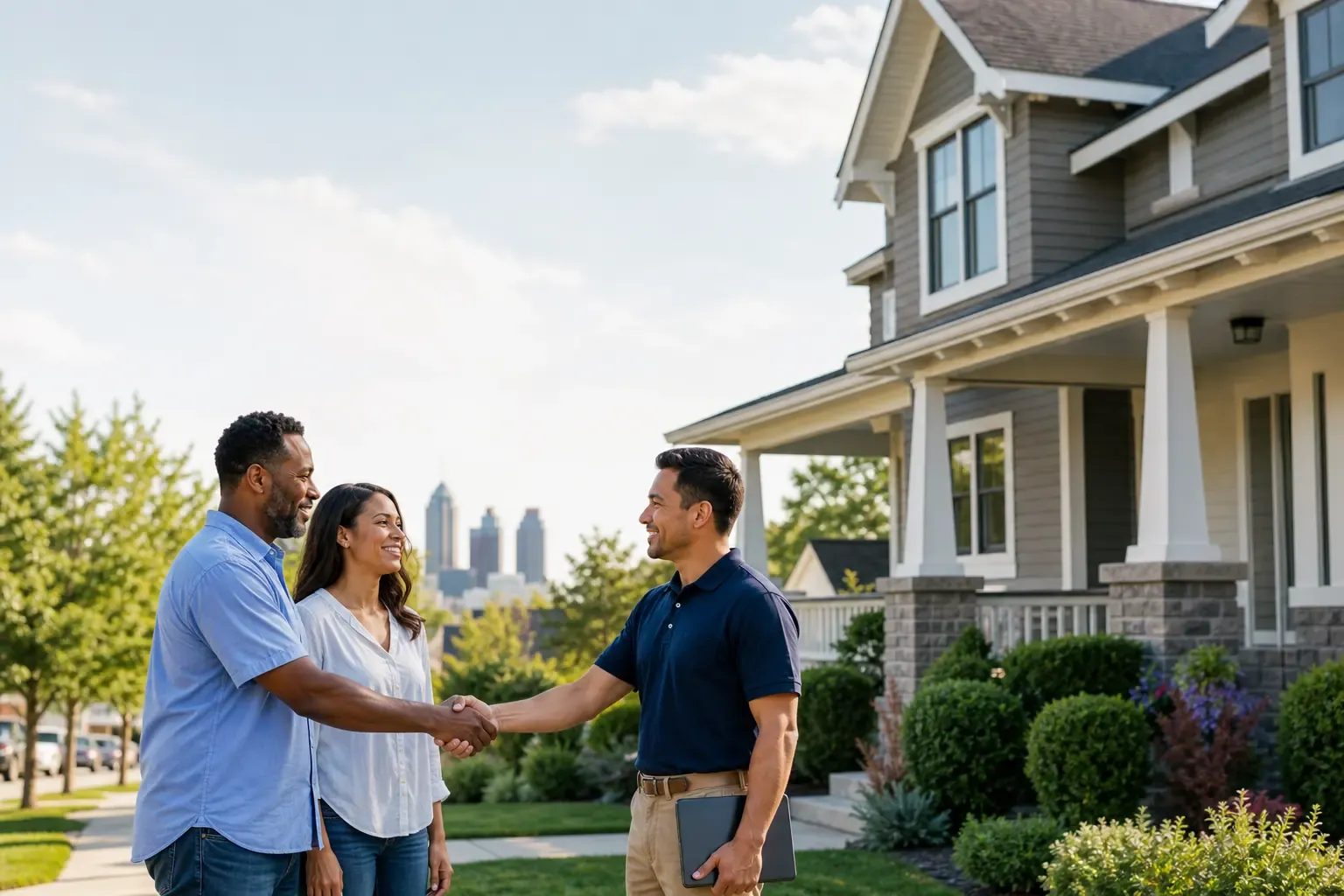 Ohio homeowners meeting a trusted local contractor in front of their home