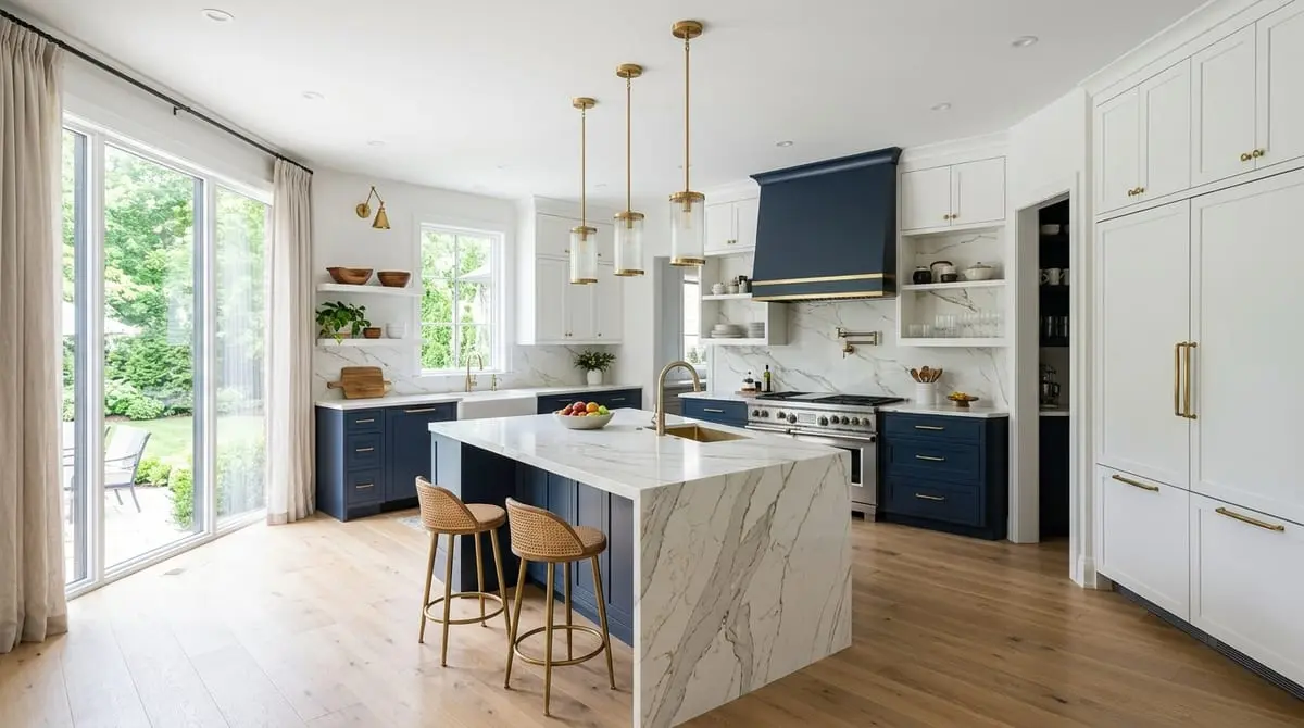 Modern kitchen renovation with custom cabinets and quartz waterfall island