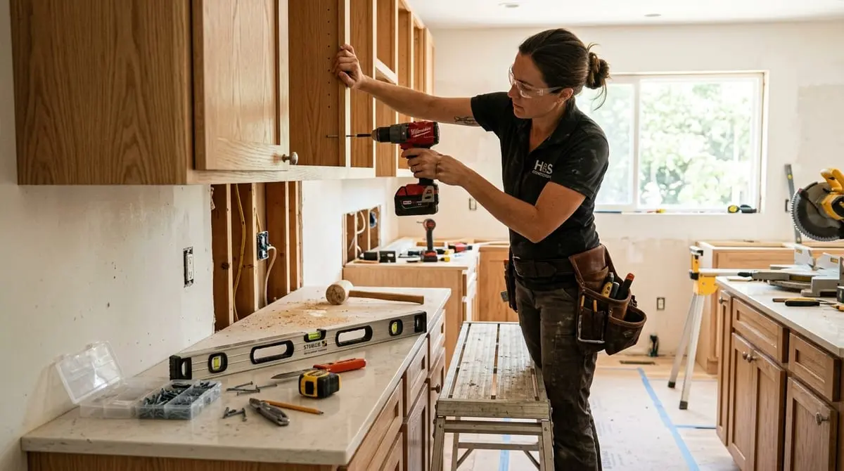 Carpenter installing solid wood cabinets during kitchen remodel