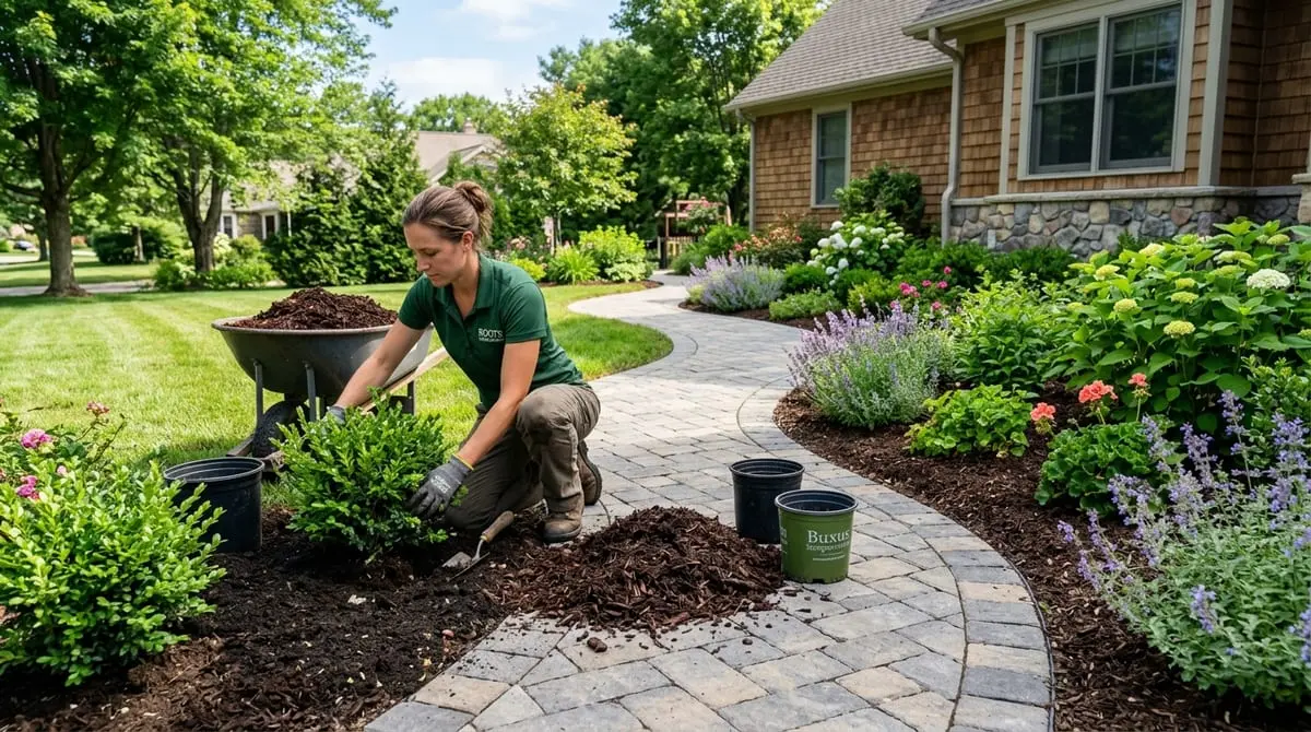 Landscaping professional planting shrubs and adding dark mulch to garden bed