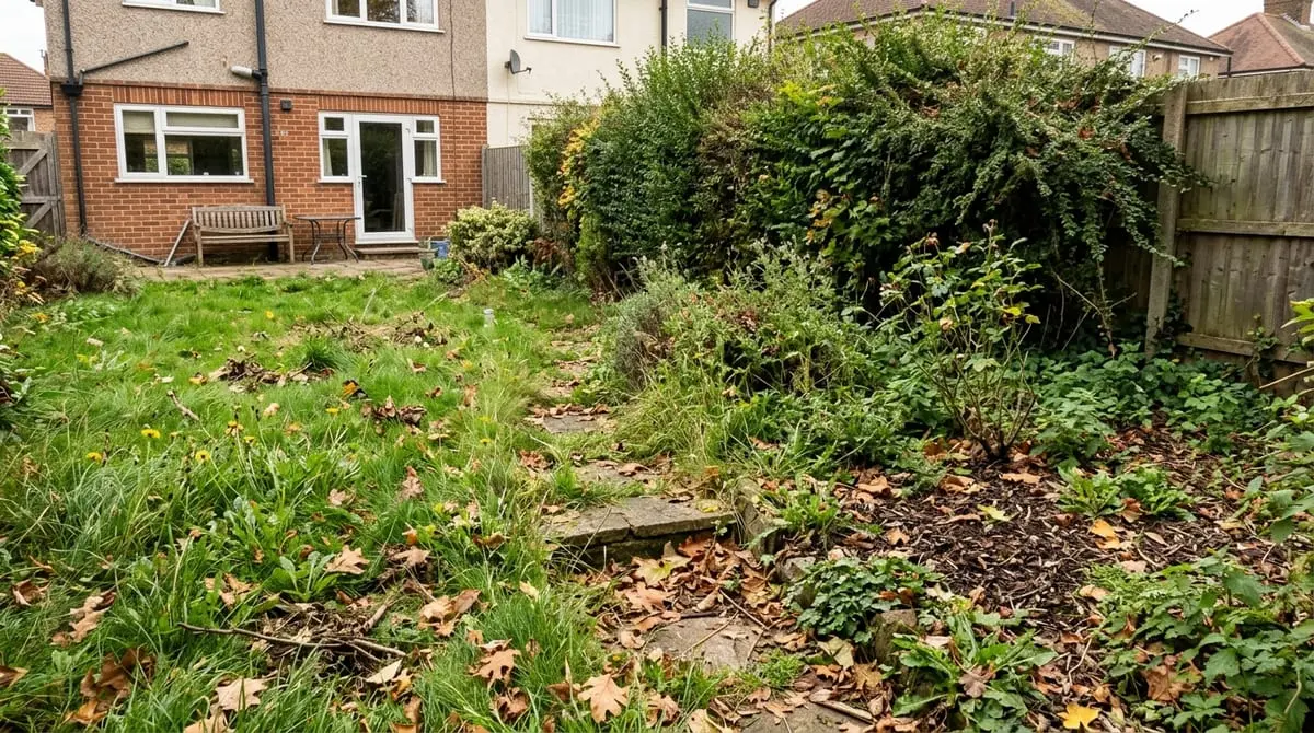 Overgrown lawn and garden bed needing seasonal cleanup and landscape care