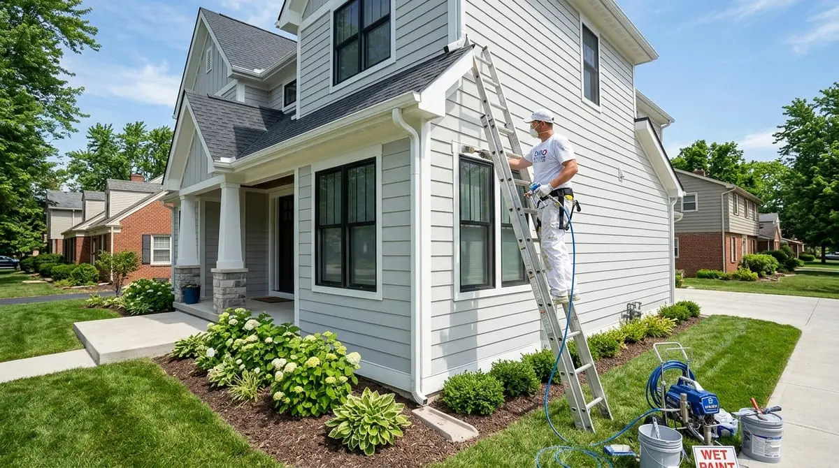 Professional house painter applying exterior paint to Ohio home siding