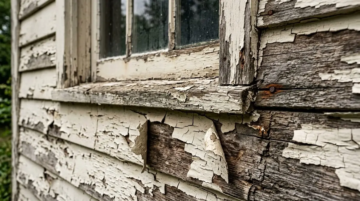 Weathered wood siding with peeling paint needing professional repainting