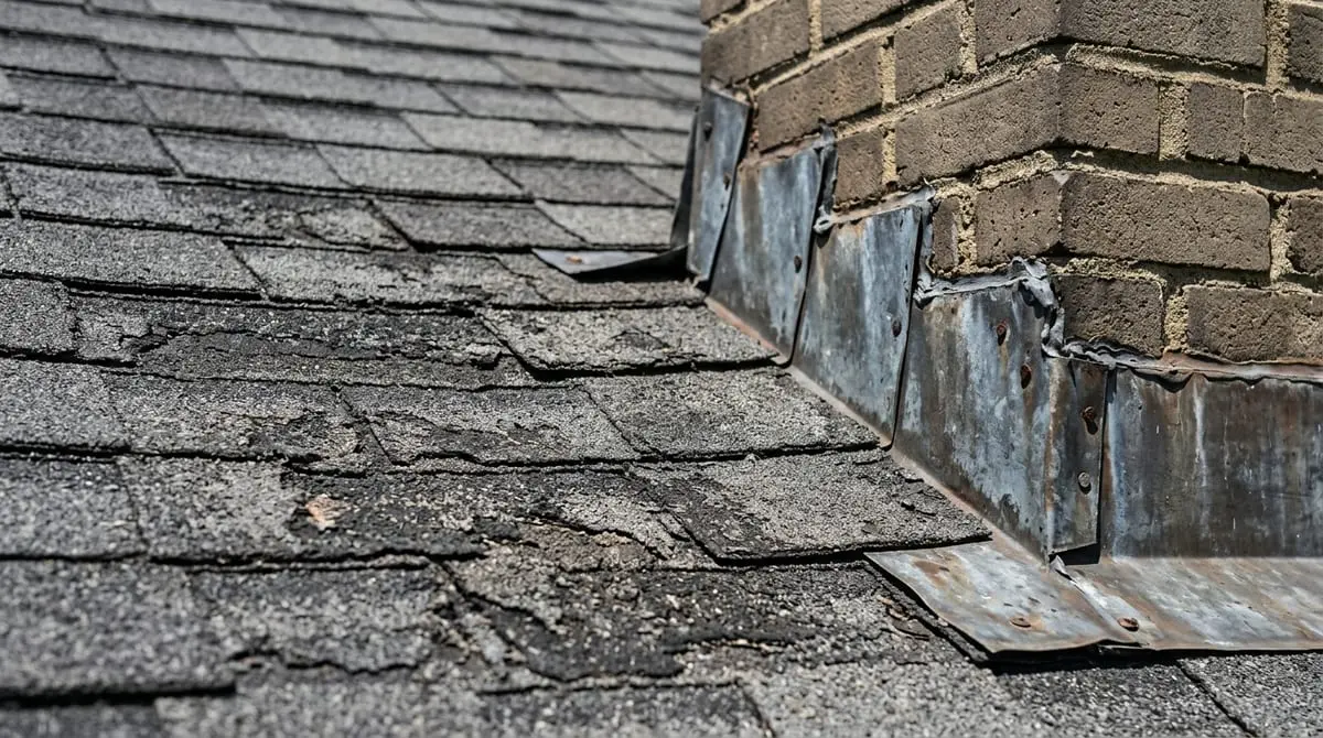 Detailed inspection of worn shingles and roof flashing requiring repair