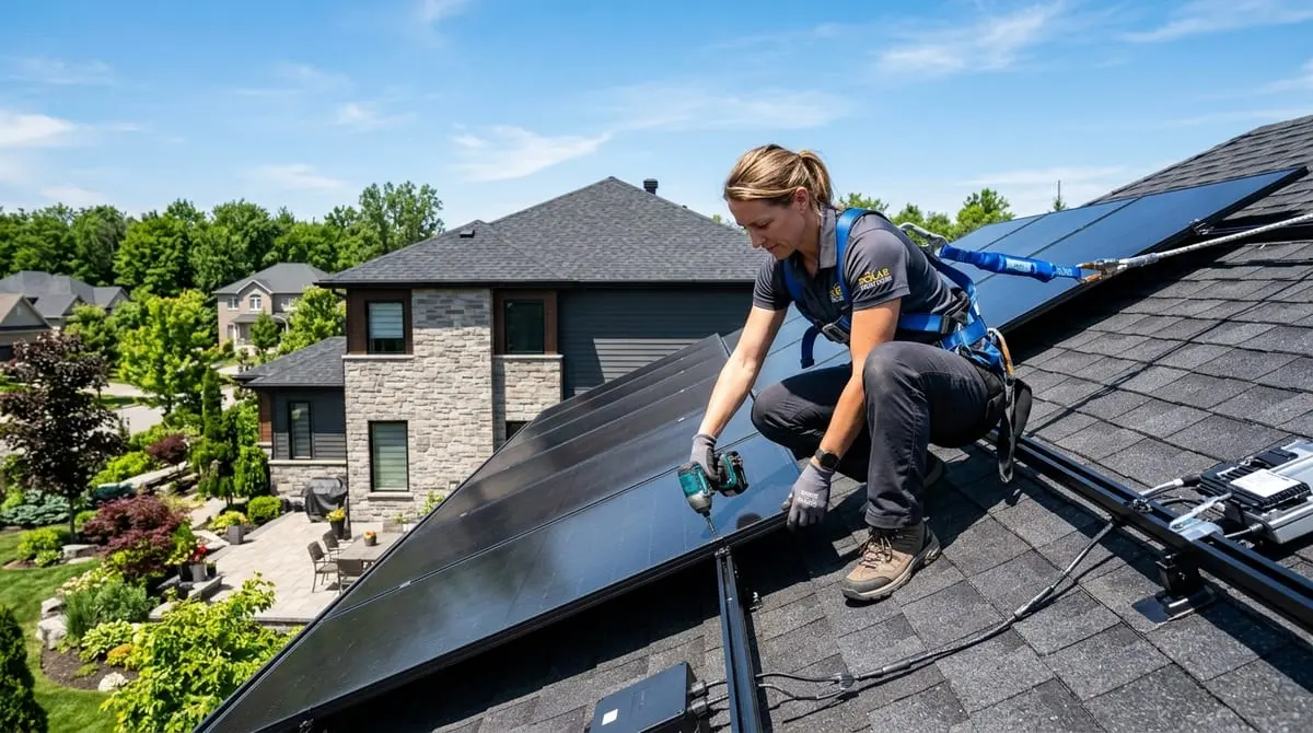 Certified solar technician installing solar panels on residential roof