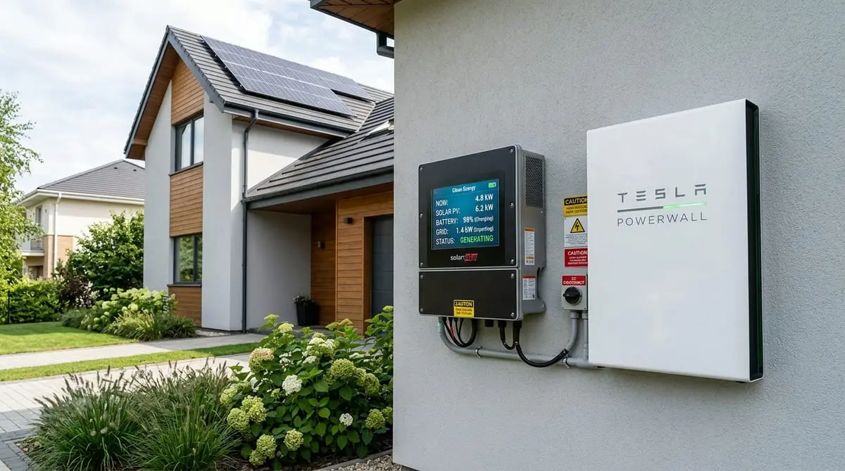 Smart home solar inverter and energy battery system mounted on home exterior